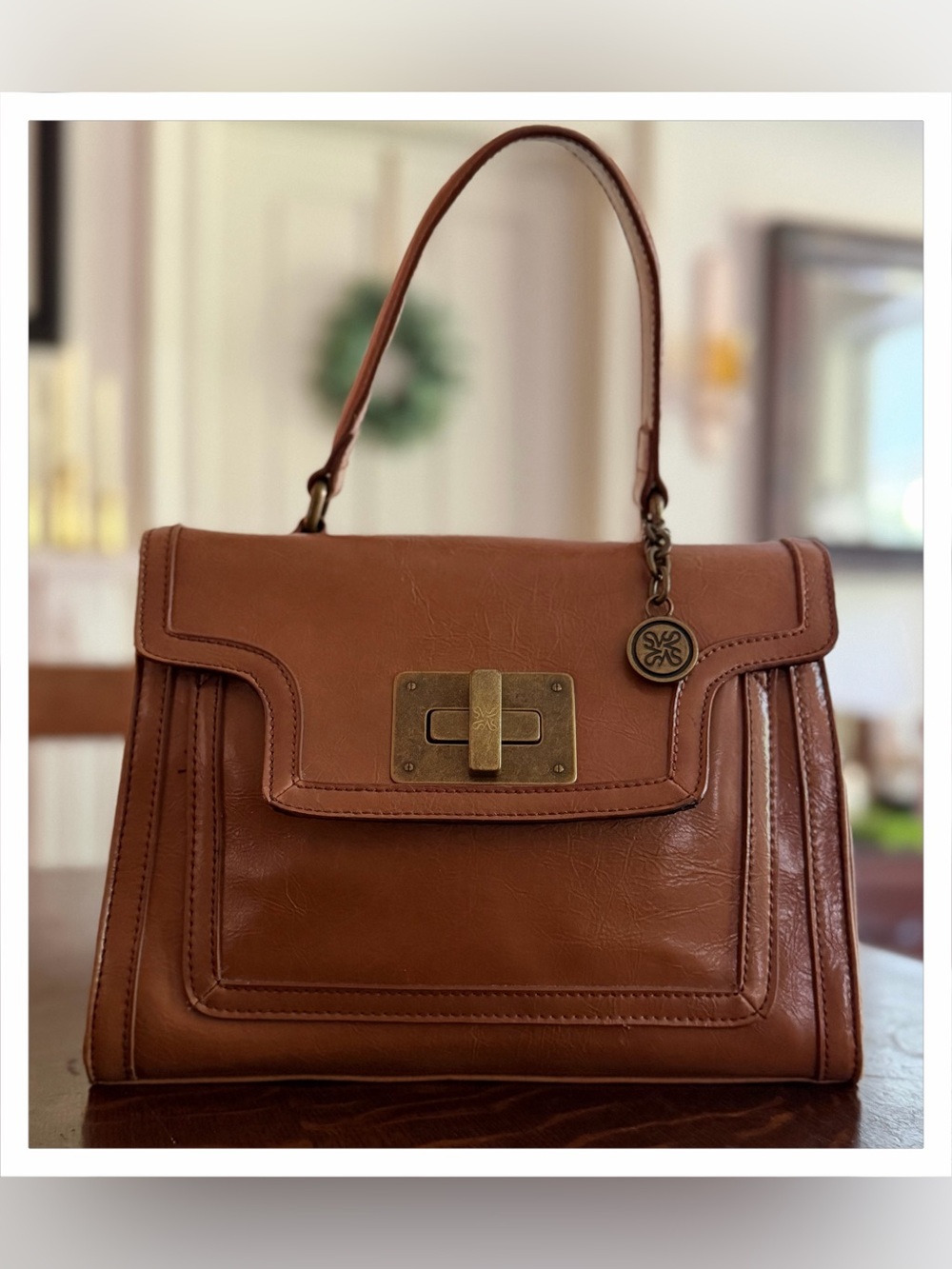 Simply Vera Vera Wang Cognac Brown Leather Satchel with Turn-Lock
